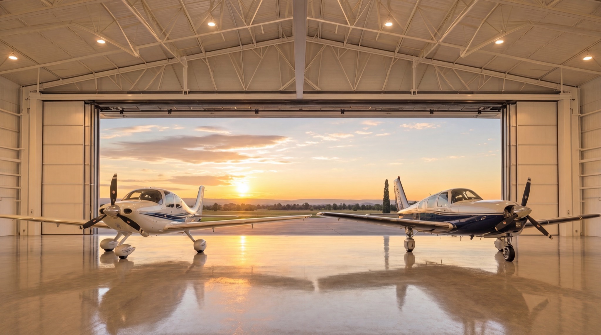 Interior of a finished private aircraft hangar at Tailwind Hangars, Colorado Air and Space Port (KCFO)